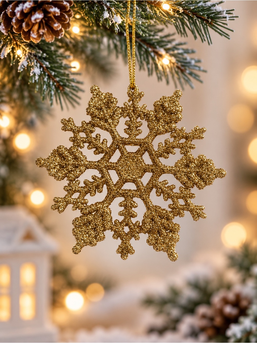 Set of 16 Gold Tone Glitter Snowflake Christmas Ornaments Sparkling Holiday Tree